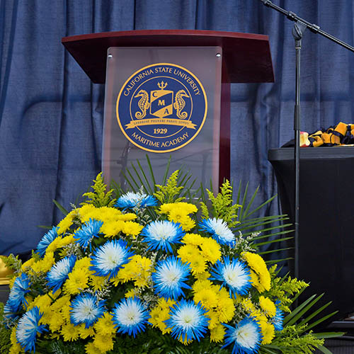 Commencement podium with flowers