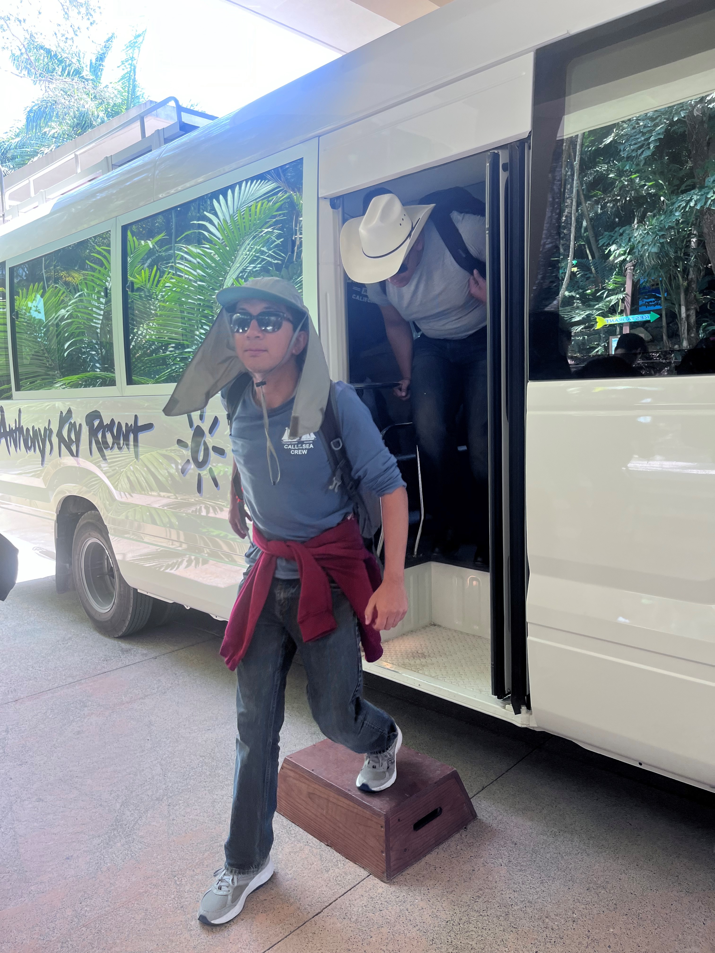 Erik Weisner stepping off shuttle onto Anthony Keys Resort in Honduras.